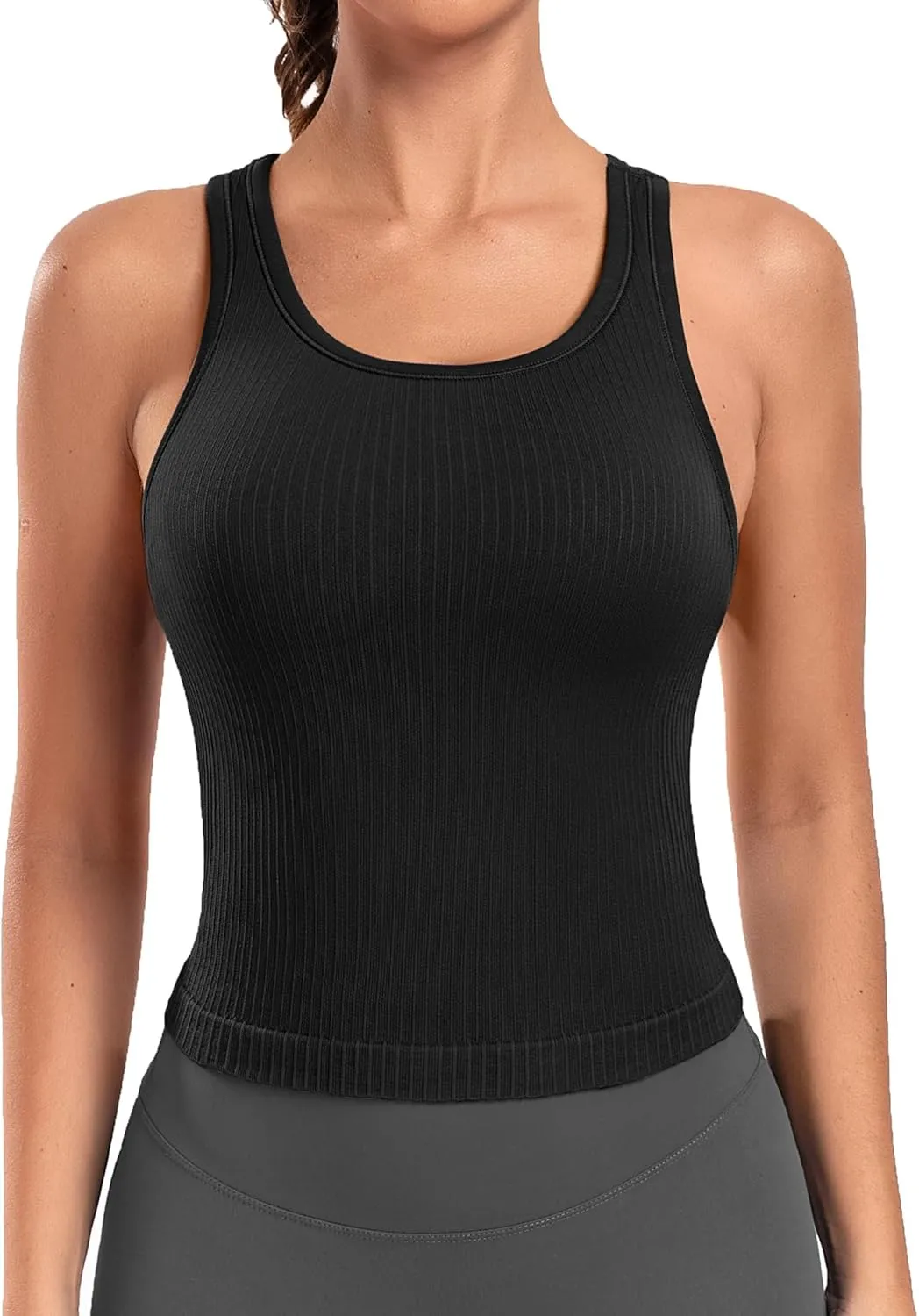 ATTRACO Workout Tank Tops for Women with Built in Bra Ribbed Seamless Yoga Tanks Tight Fit