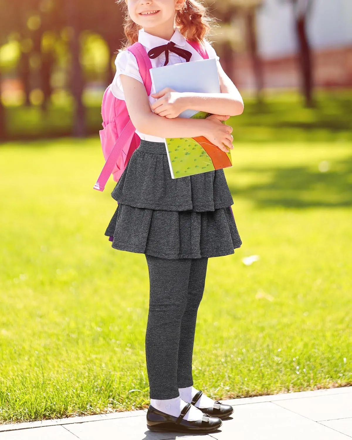 Auranso Girls School Uniform Pants Kids Clothes Ruffle Tutu Leggings with Skirt 2-14 Years