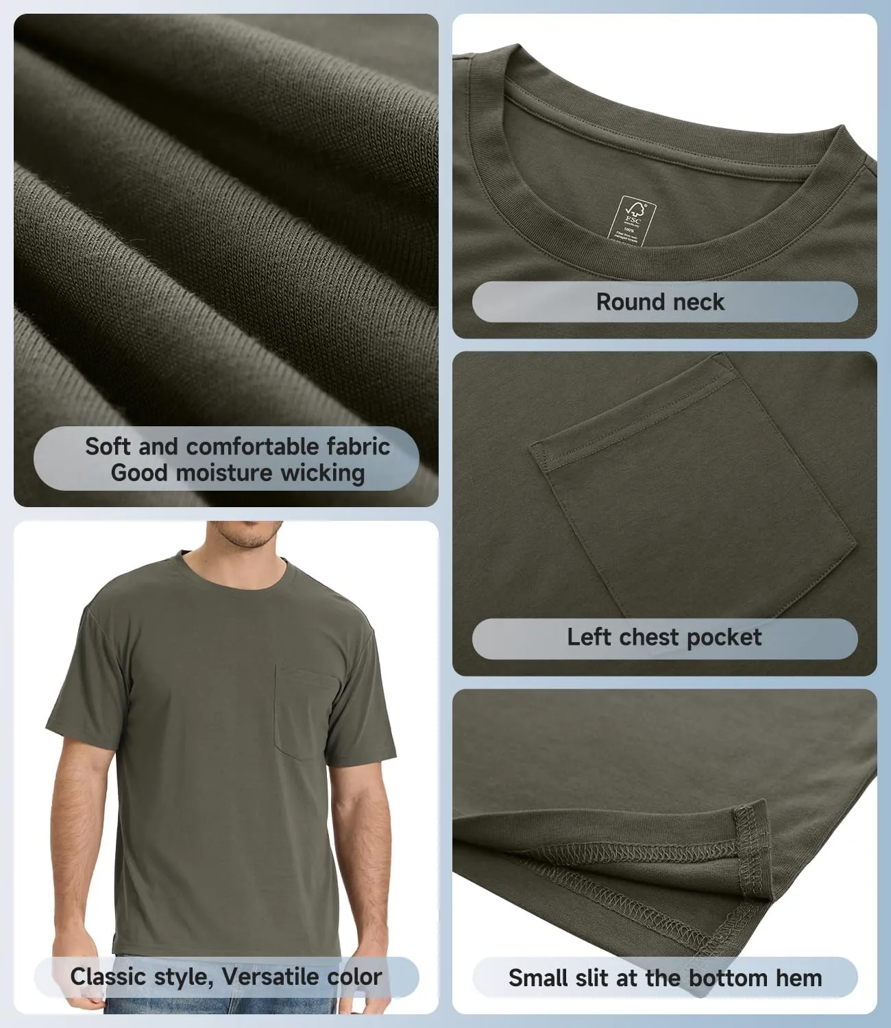 BAMBOO COOL Men's Pocket T-Shirts Heavy Weight Short Sleeve Tee Shirts Crew Neck Tshirt Soft Classic Undershirts for Men