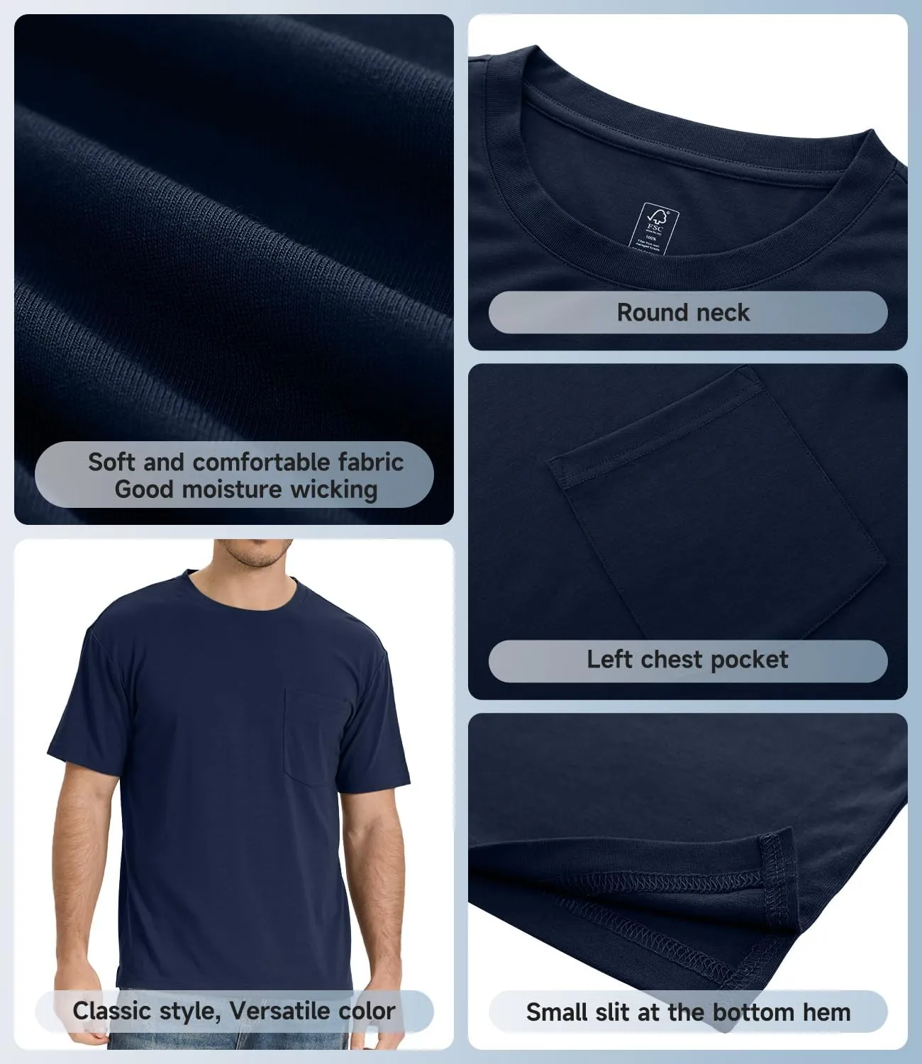 BAMBOO COOL Men's Pocket T-Shirts Heavy Weight Short Sleeve Tee Shirts Crew Neck Tshirt Soft Classic Undershirts for Men