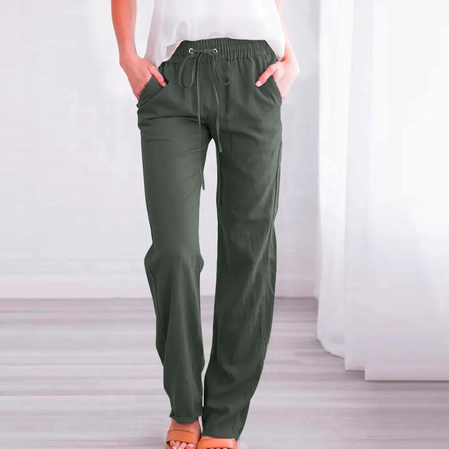 Corduroy Pleated Pants for Women Winter Everyday Hiking Pants with Pockets Elastic Waist High Waisted