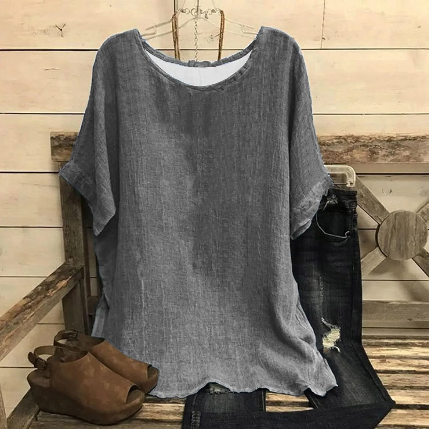 Cotton Linen Tops for Womens Loose Fit Casual Short Sleeve T-Shirt Retro Floral Print Blouse 2025 Summer Beach Clothes