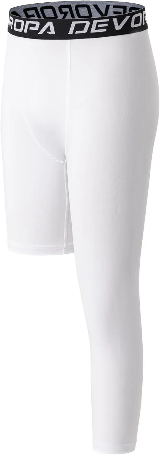 DEVOROPA Youth Boys One Leg Compression Pants for Basketball 3/4 Leggings Sports Tights Kids Athletic Soccer Base Layer