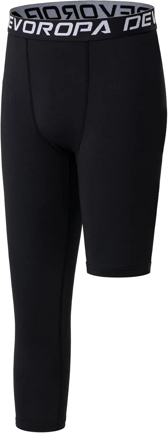 DEVOROPA Youth Boys One Leg Compression Pants for Basketball 3/4 Leggings Sports Tights Kids Athletic Soccer Base Layer