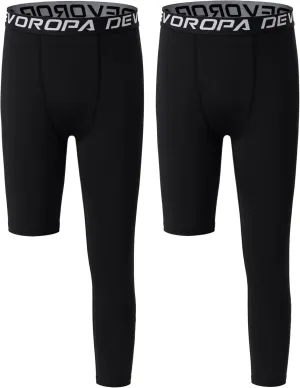 DEVOROPA Youth Boys One Leg Compression Pants for Basketball 3/4 Leggings Sports Tights Kids Athletic Soccer Base Layer