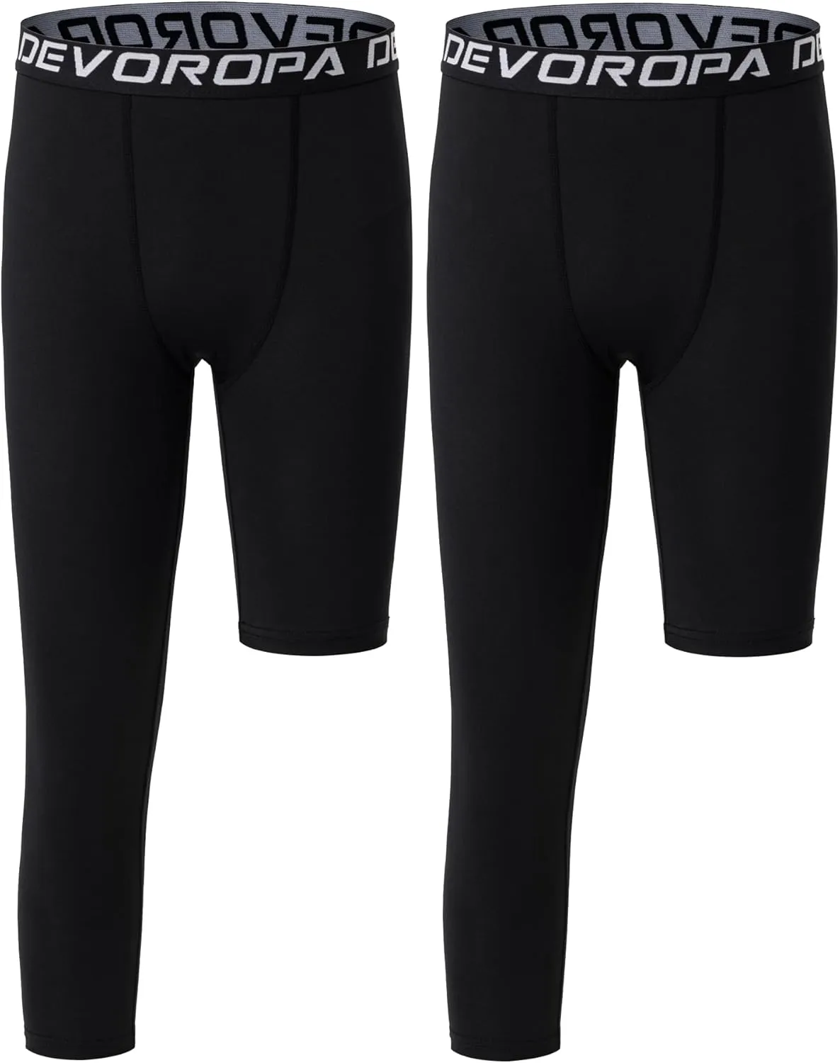 DEVOROPA Youth Boys One Leg Compression Pants for Basketball 3/4 Leggings Sports Tights Kids Athletic Soccer Base Layer