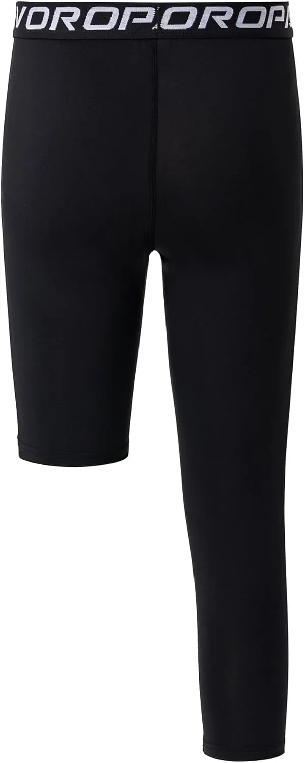 DEVOROPA Youth Boys One Leg Compression Pants for Basketball 3/4 Leggings Sports Tights Kids Athletic Soccer Base Layer