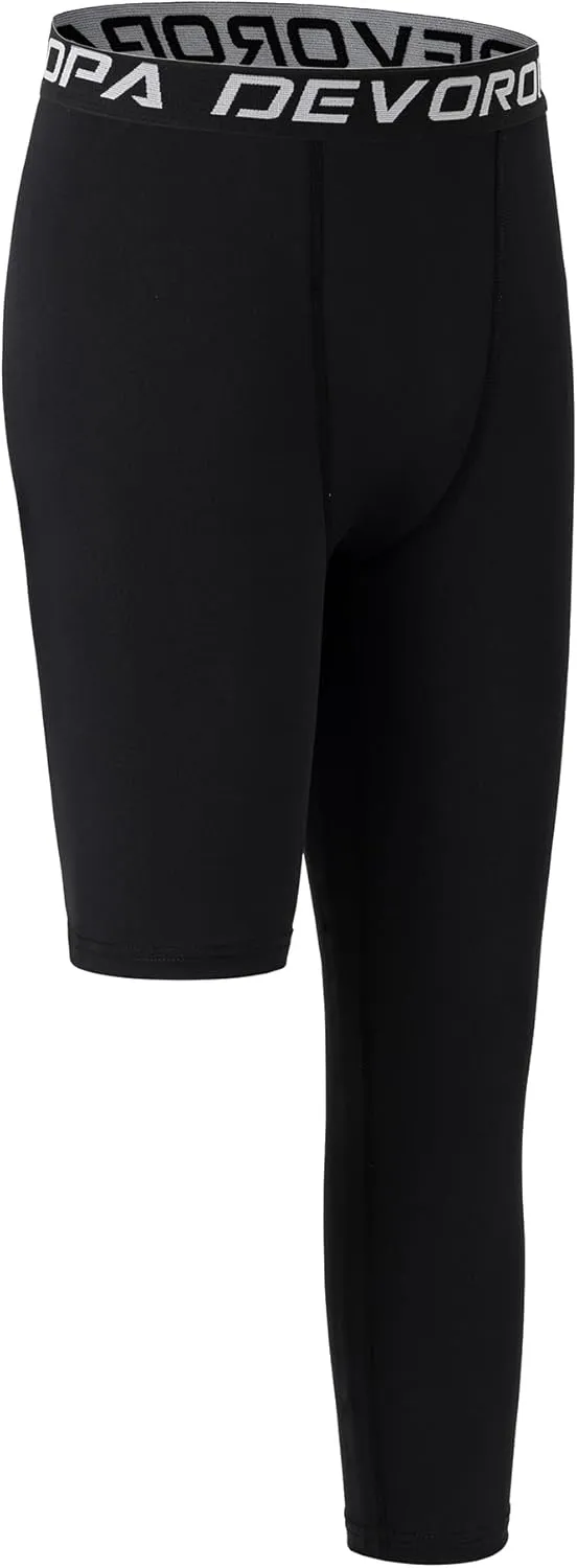 DEVOROPA Youth Boys One Leg Compression Pants for Basketball 3/4 Leggings Sports Tights Kids Athletic Soccer Base Layer