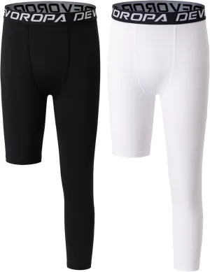 DEVOROPA Youth Boys One Leg Compression Pants for Basketball 3/4 Leggings Sports Tights Kids Athletic Soccer Base Layer