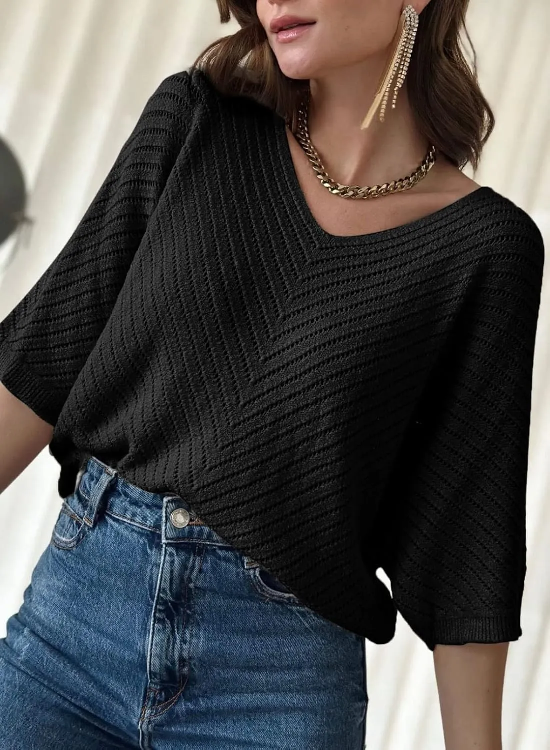 Dokotoo Women's 2025 Summer Spring Casual 3/4 Sleeve Solid Color V Neck Loose Pullover Knit Fall Sweaters Tops