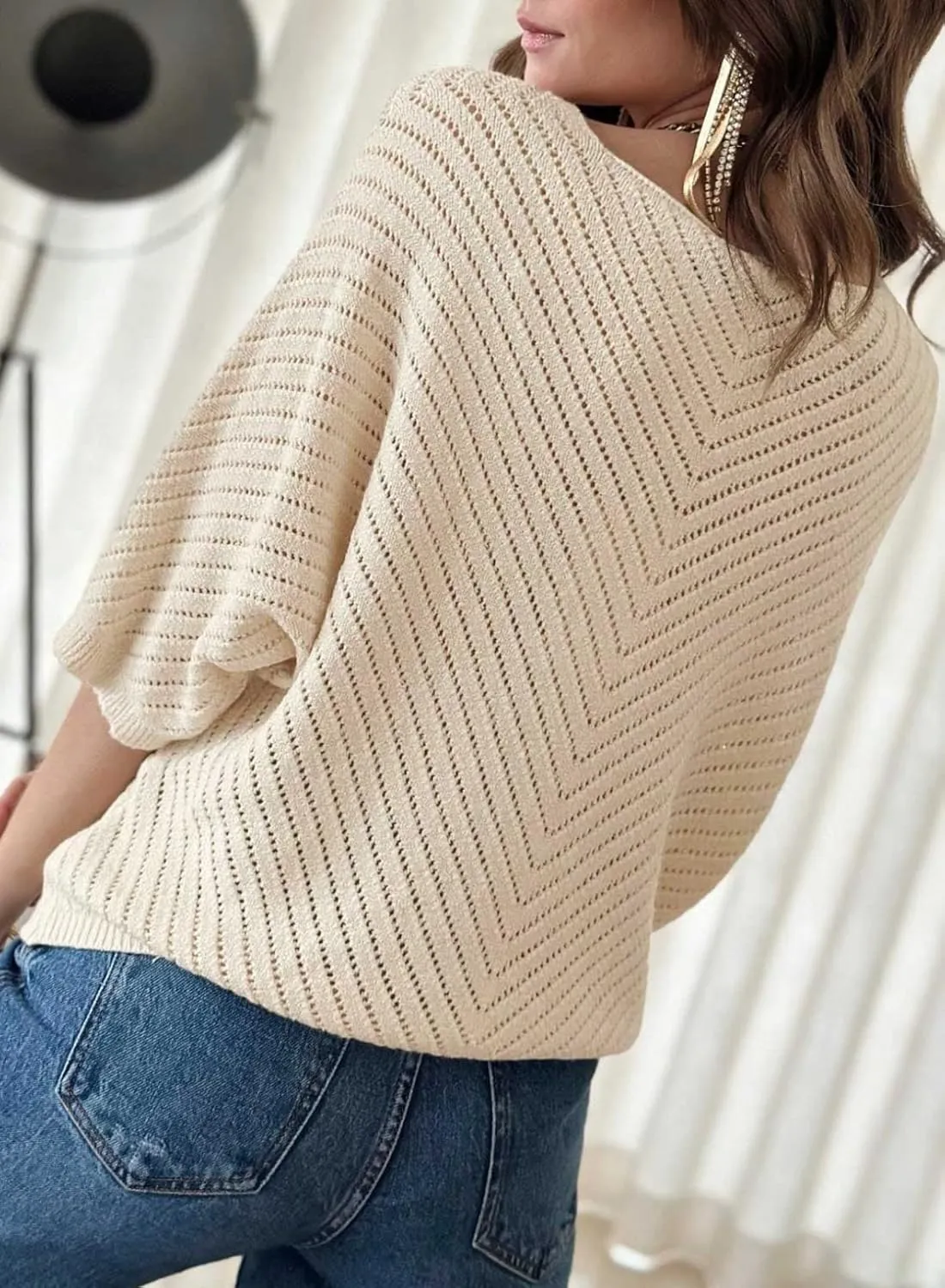 Dokotoo Women's 2025 Summer Spring Casual 3/4 Sleeve Solid Color V Neck Loose Pullover Knit Fall Sweaters Tops