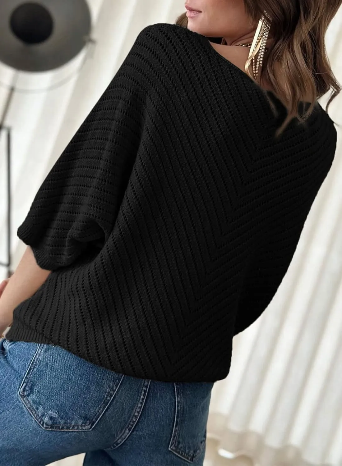 Dokotoo Women's 2025 Summer Spring Casual 3/4 Sleeve Solid Color V Neck Loose Pullover Knit Fall Sweaters Tops