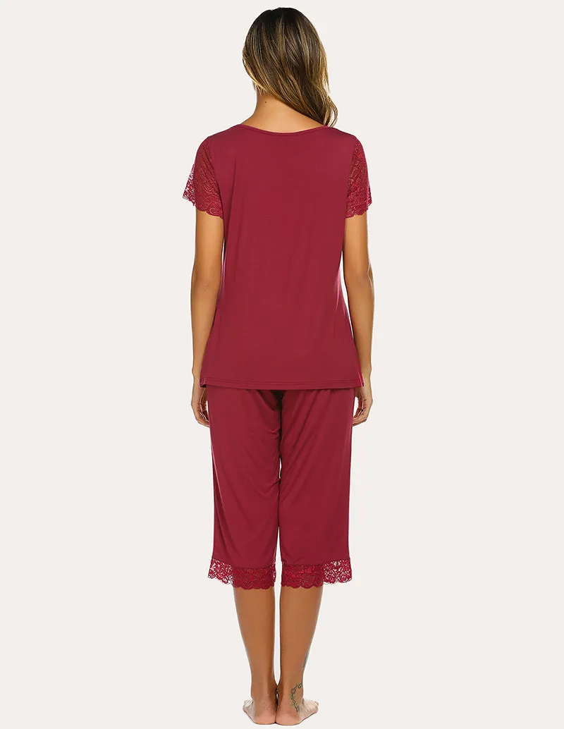 Ekouaer Lace Short Sleeve Capri Pajama Set (US Only)