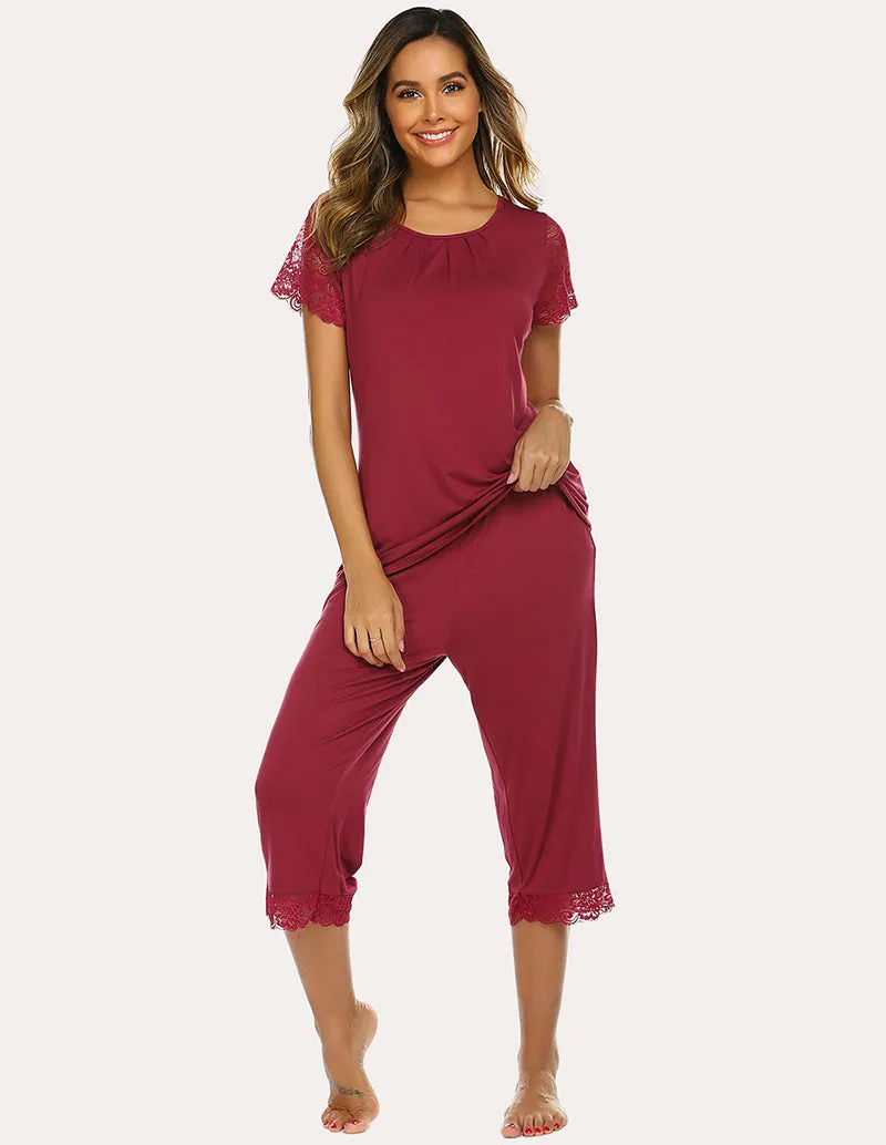 Ekouaer Lace Short Sleeve Capri Pajama Set (US Only)