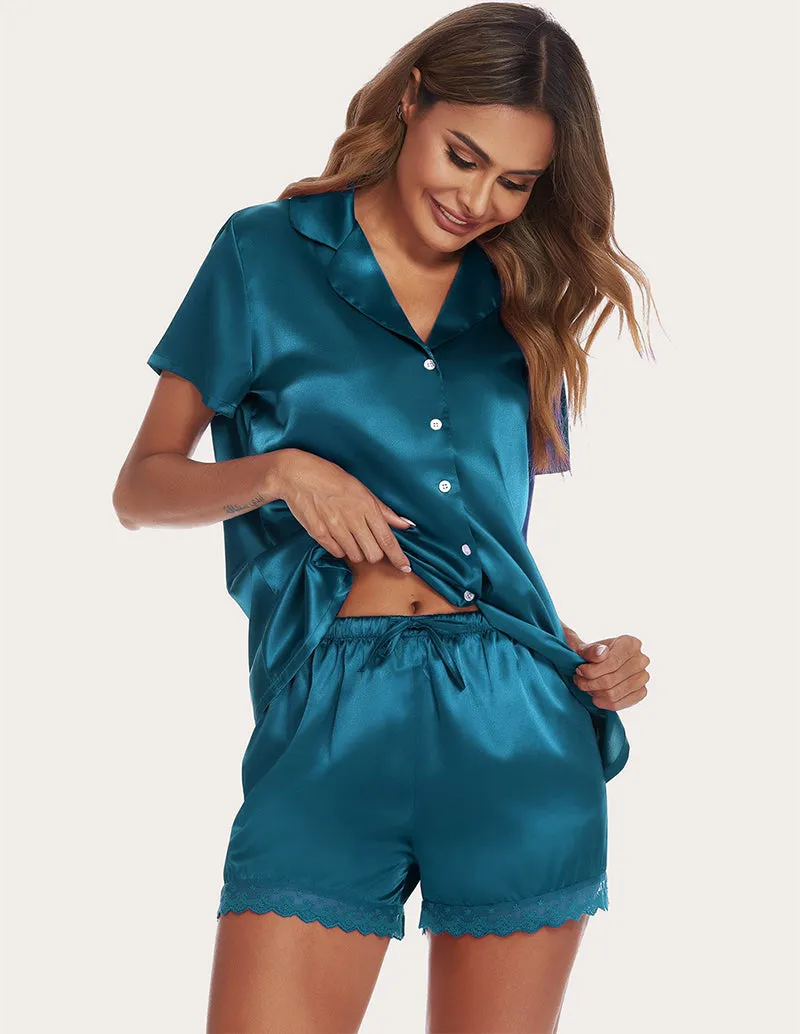 Ekouaer Lace Trim Satin Blouse & Shorts PJ Set (US Only)