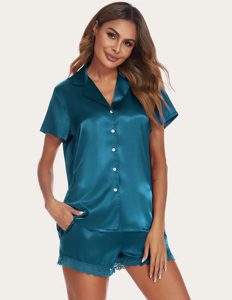 Ekouaer Lace Trim Satin Blouse & Shorts PJ Set (US Only)