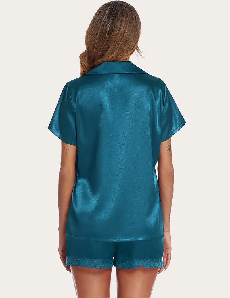 Ekouaer Lace Trim Satin Blouse & Shorts PJ Set (US Only)