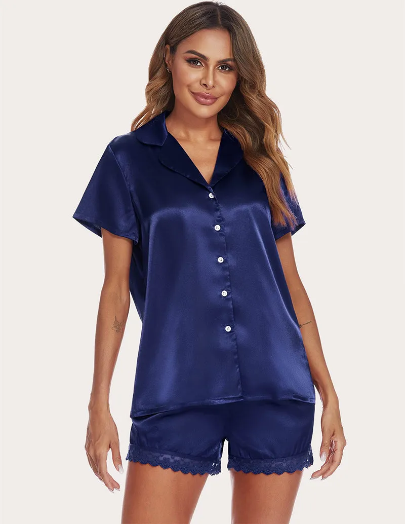Ekouaer Lace Trim Satin Blouse & Shorts PJ Set (US Only)
