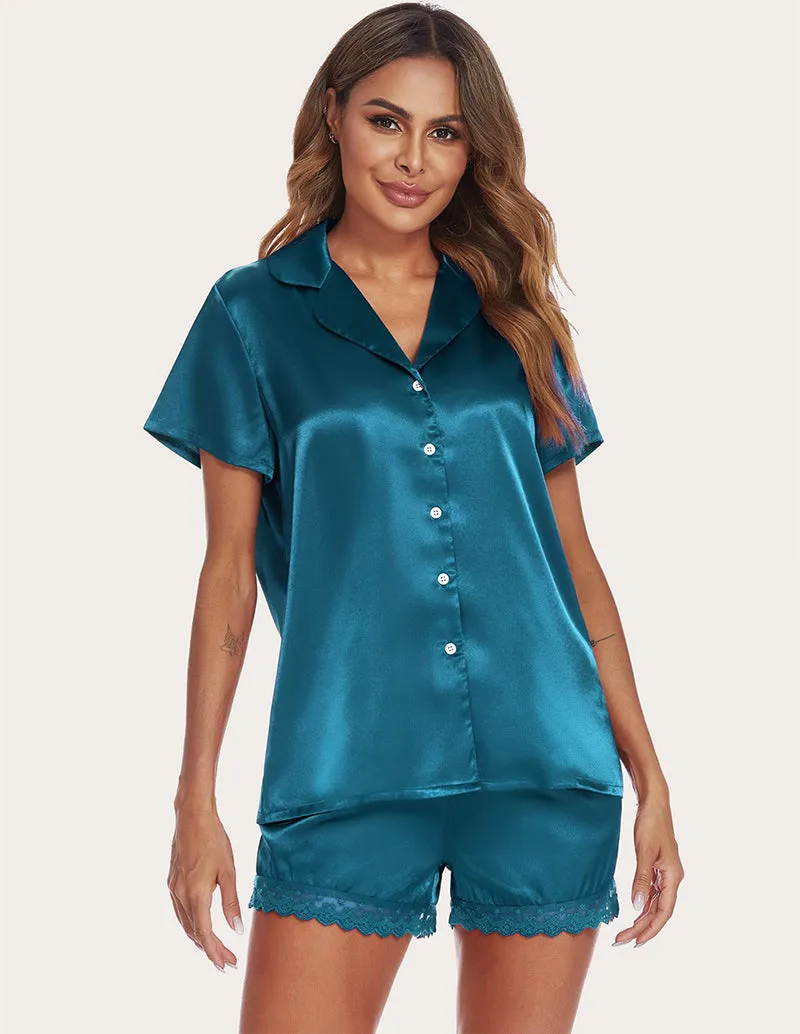 Ekouaer Lace Trim Satin Blouse & Shorts PJ Set (US Only)