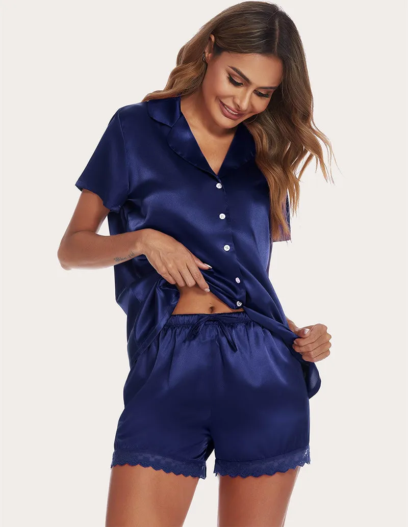 Ekouaer Lace Trim Satin Blouse & Shorts PJ Set (US Only)