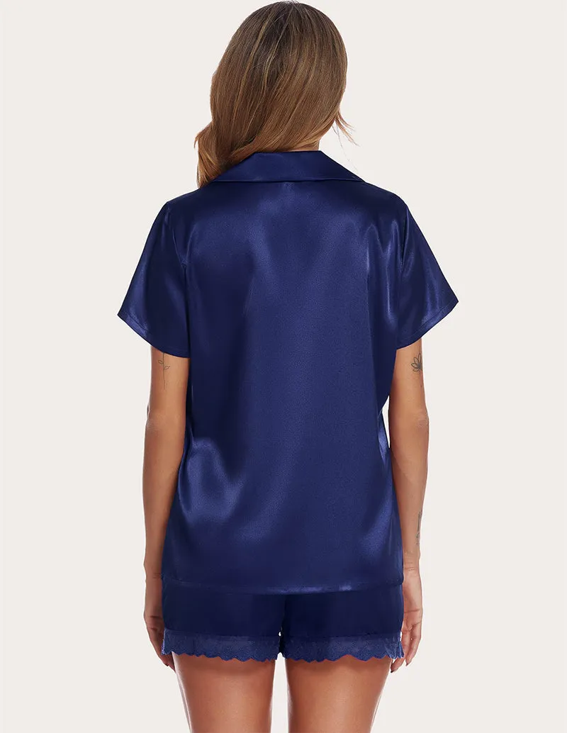Ekouaer Lace Trim Satin Blouse & Shorts PJ Set (US Only)
