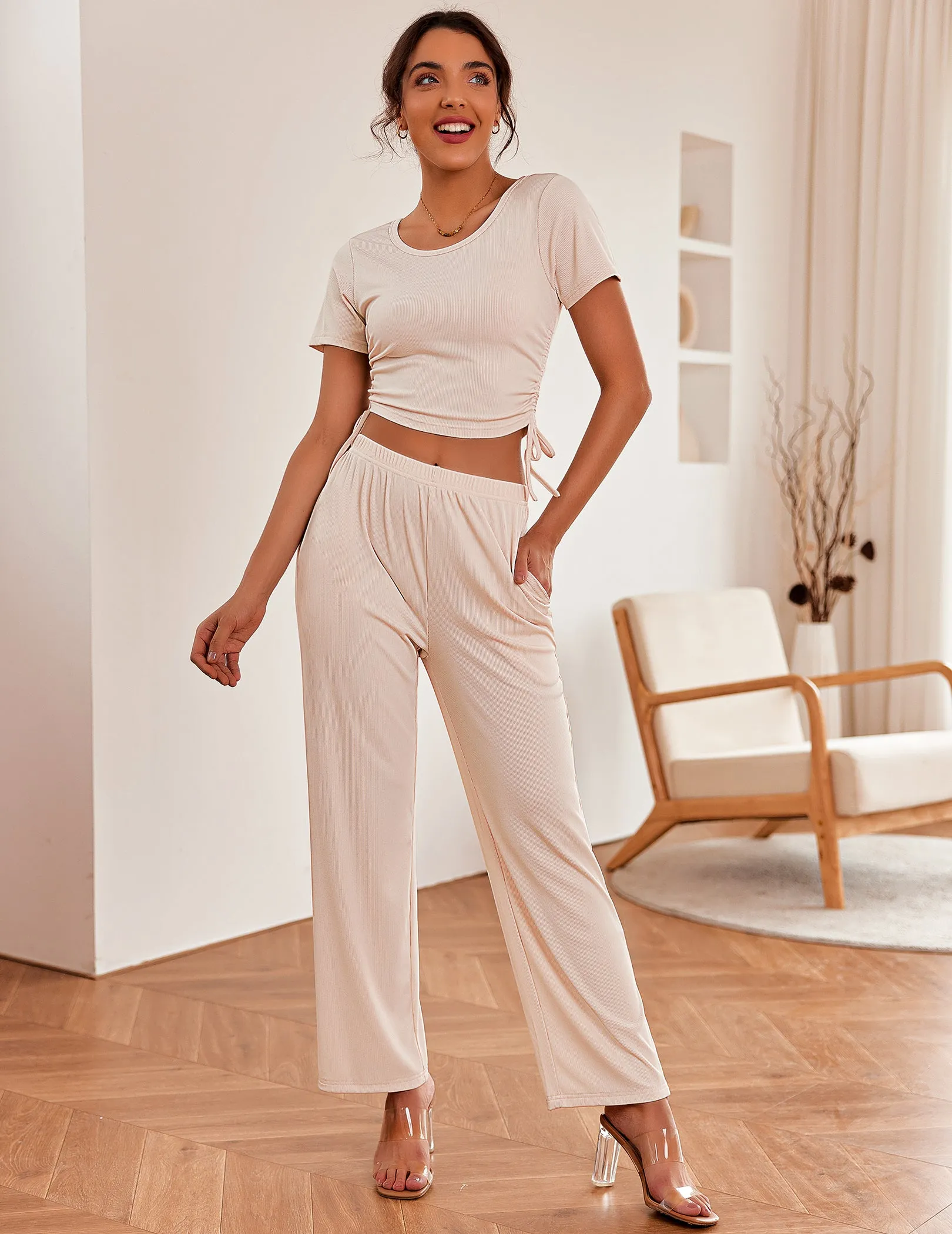 Ekouaer Lounge Short Sleeve Sweatsuits Set (US Only)