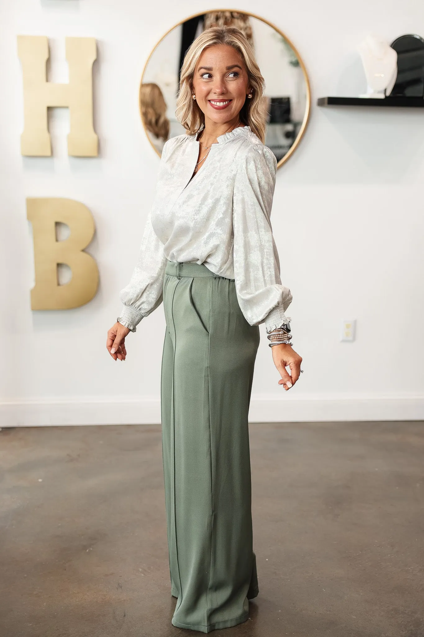 Elastic Waist Dress Pants - Olive