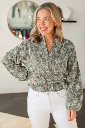 Embroidered Floral Top - Olive