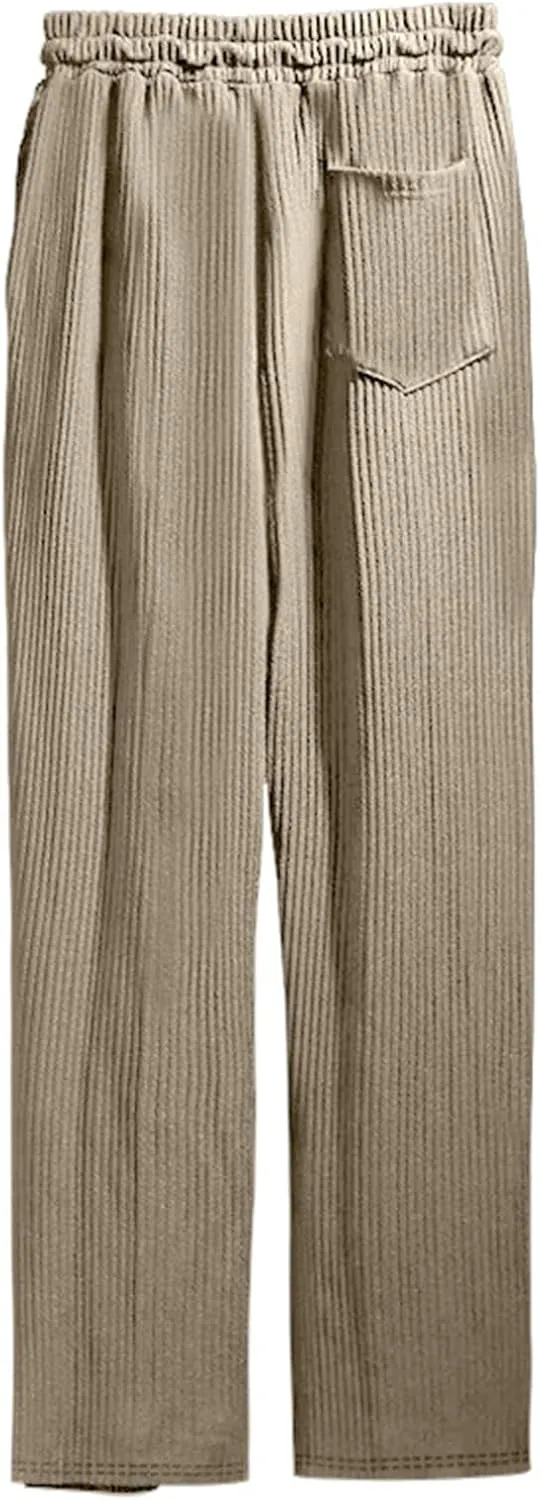 evzosrz Mens Casual Ribbed Knit Pants Straight Lightweight Drawstring Beach Yoga Pants Loose Fit Striped Long Trousers