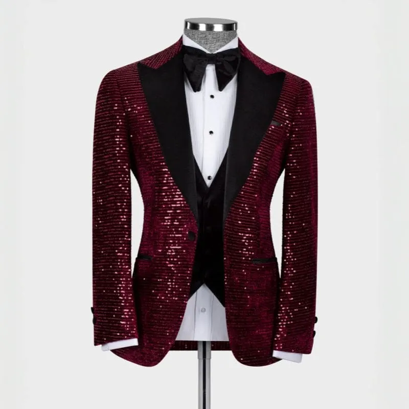 Generous Burgundy Three Pieces Sequins Prom Suits Peaked Lapel Slim Fit Wedding Groom Tuxedos