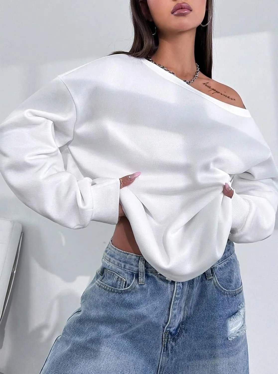 LovelyWholesale Women Off the Shoulder Sweatshirts Casual Long Sleeve Pullover