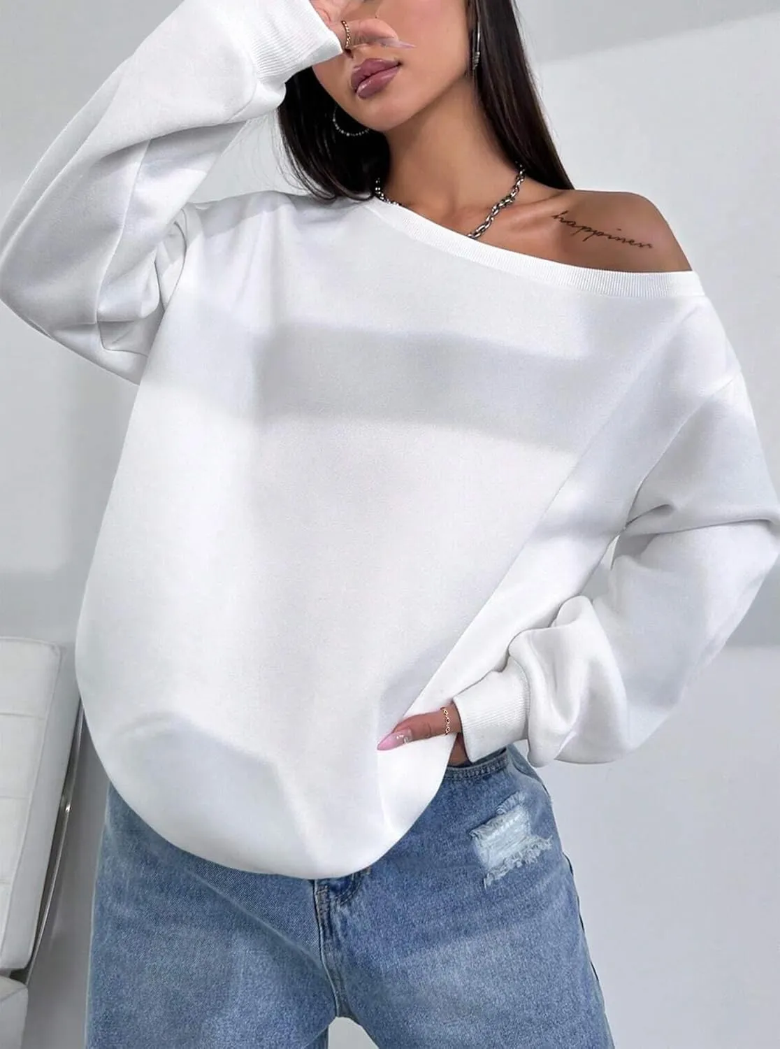 LovelyWholesale Women Off the Shoulder Sweatshirts Casual Long Sleeve Pullover