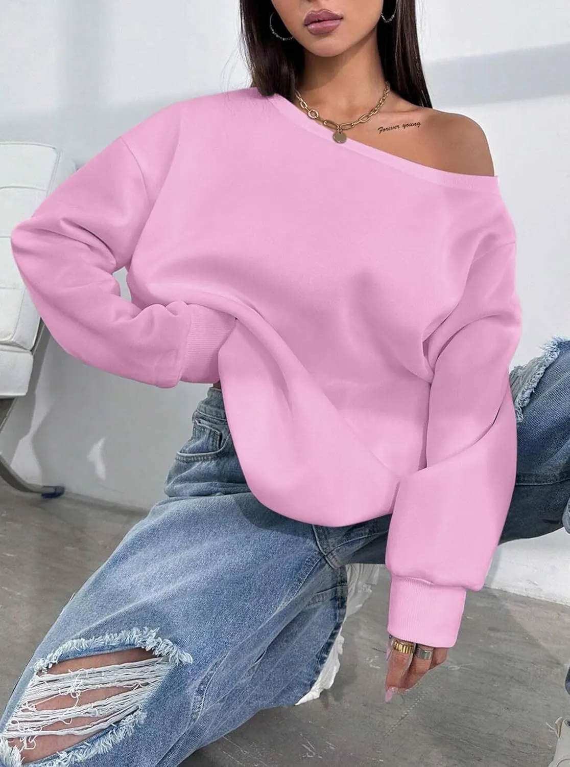 LovelyWholesale Women Off the Shoulder Sweatshirts Casual Long Sleeve Pullover