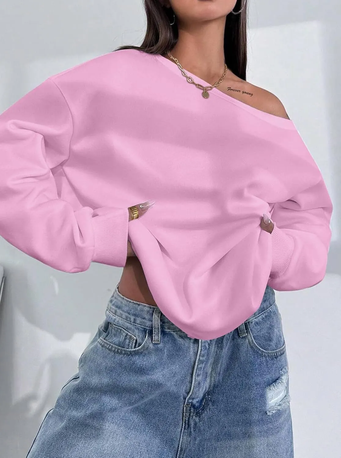 LovelyWholesale Women Off the Shoulder Sweatshirts Casual Long Sleeve Pullover