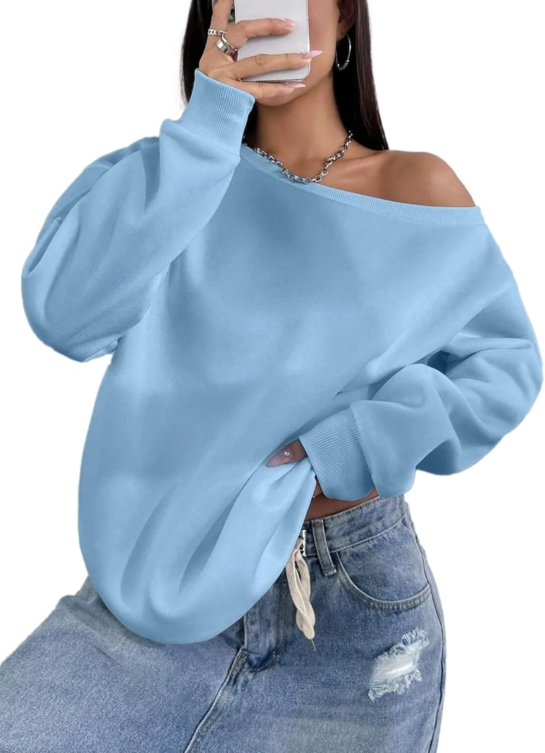 LovelyWholesale Women Off the Shoulder Sweatshirts Casual Long Sleeve Pullover