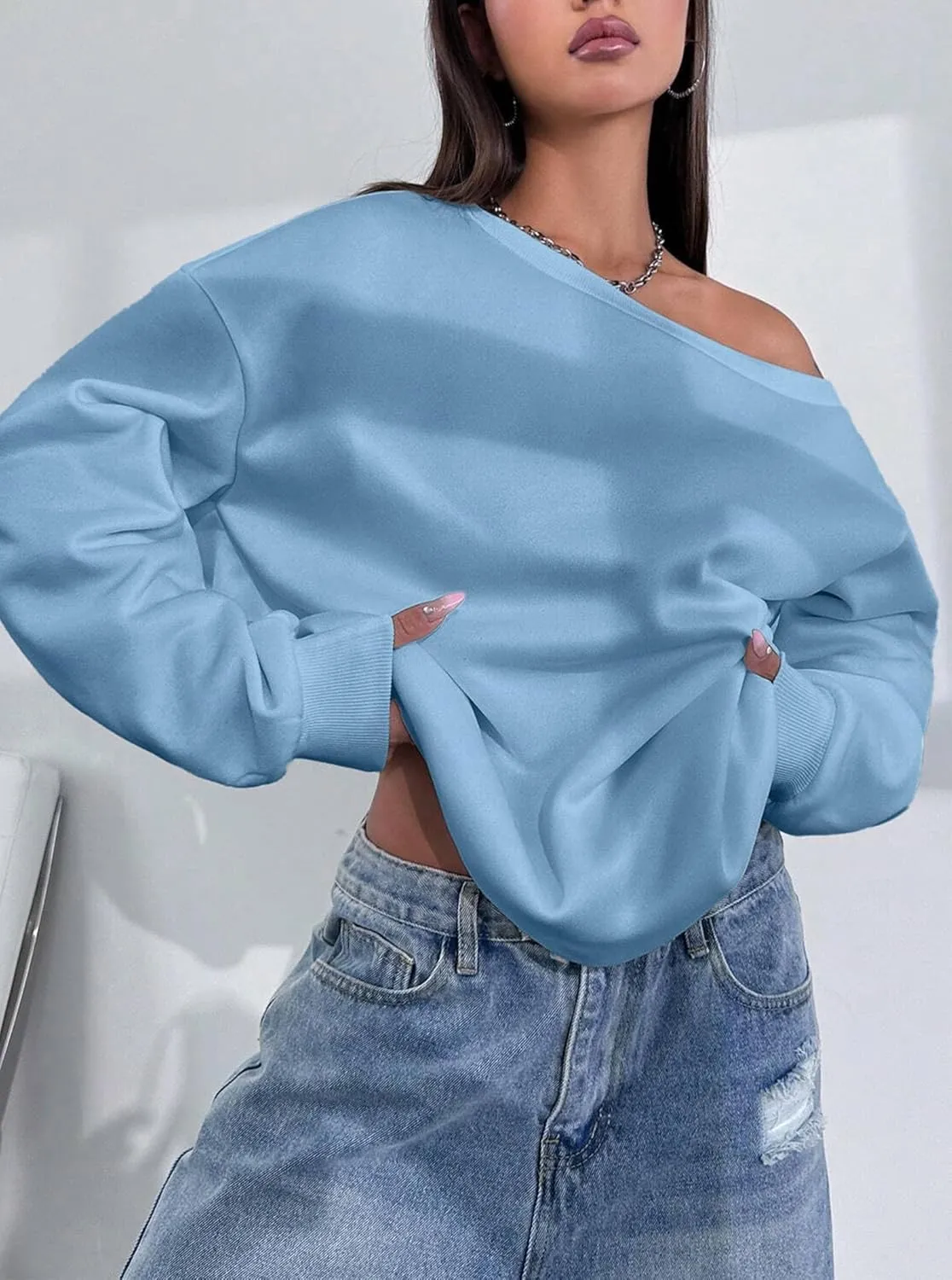 LovelyWholesale Women Off the Shoulder Sweatshirts Casual Long Sleeve Pullover