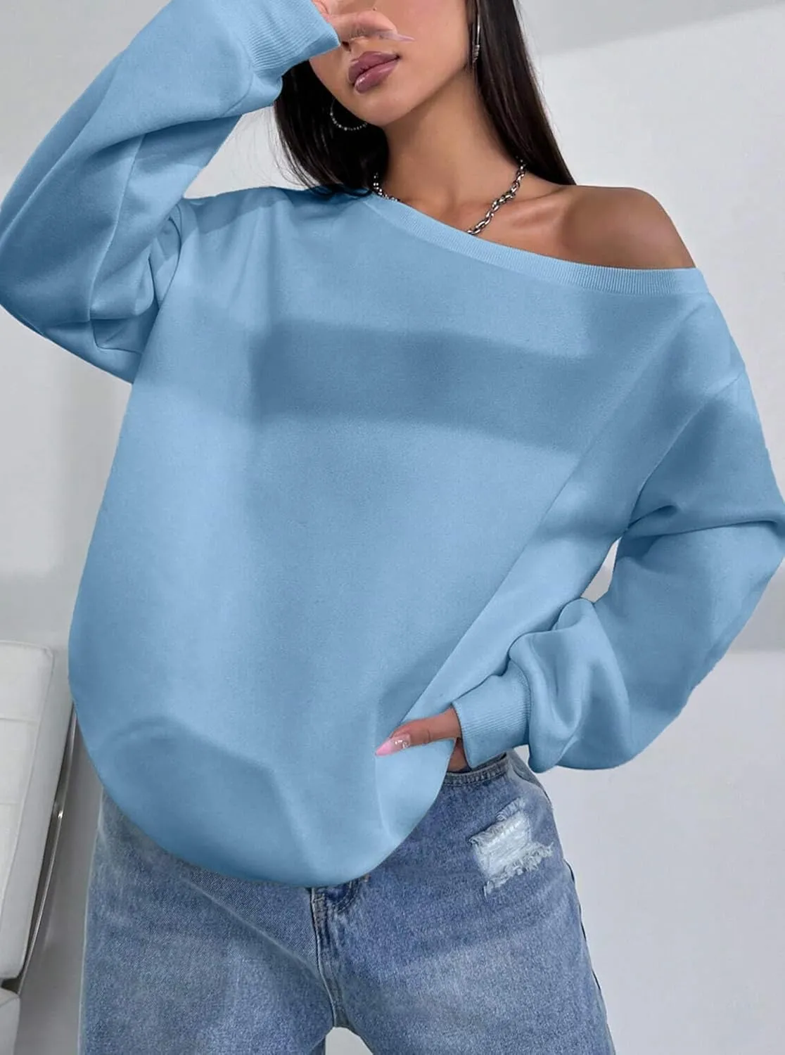 LovelyWholesale Women Off the Shoulder Sweatshirts Casual Long Sleeve Pullover