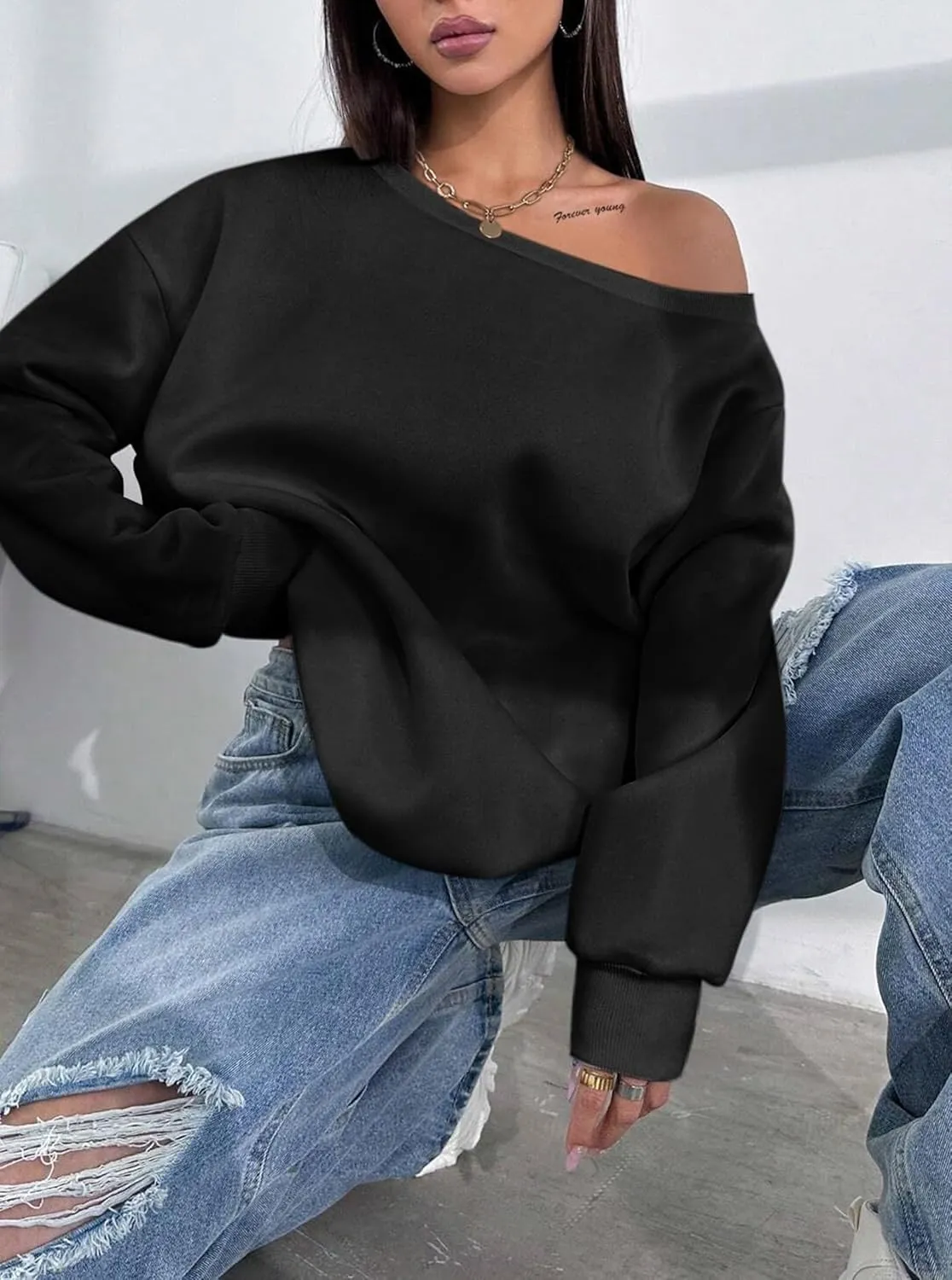 LovelyWholesale Women Off the Shoulder Sweatshirts Casual Long Sleeve Pullover