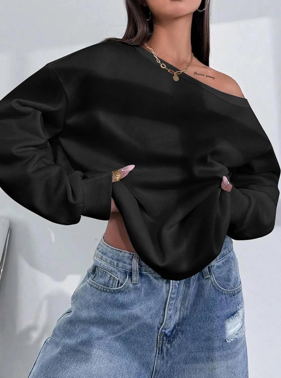 LovelyWholesale Women Off the Shoulder Sweatshirts Casual Long Sleeve Pullover