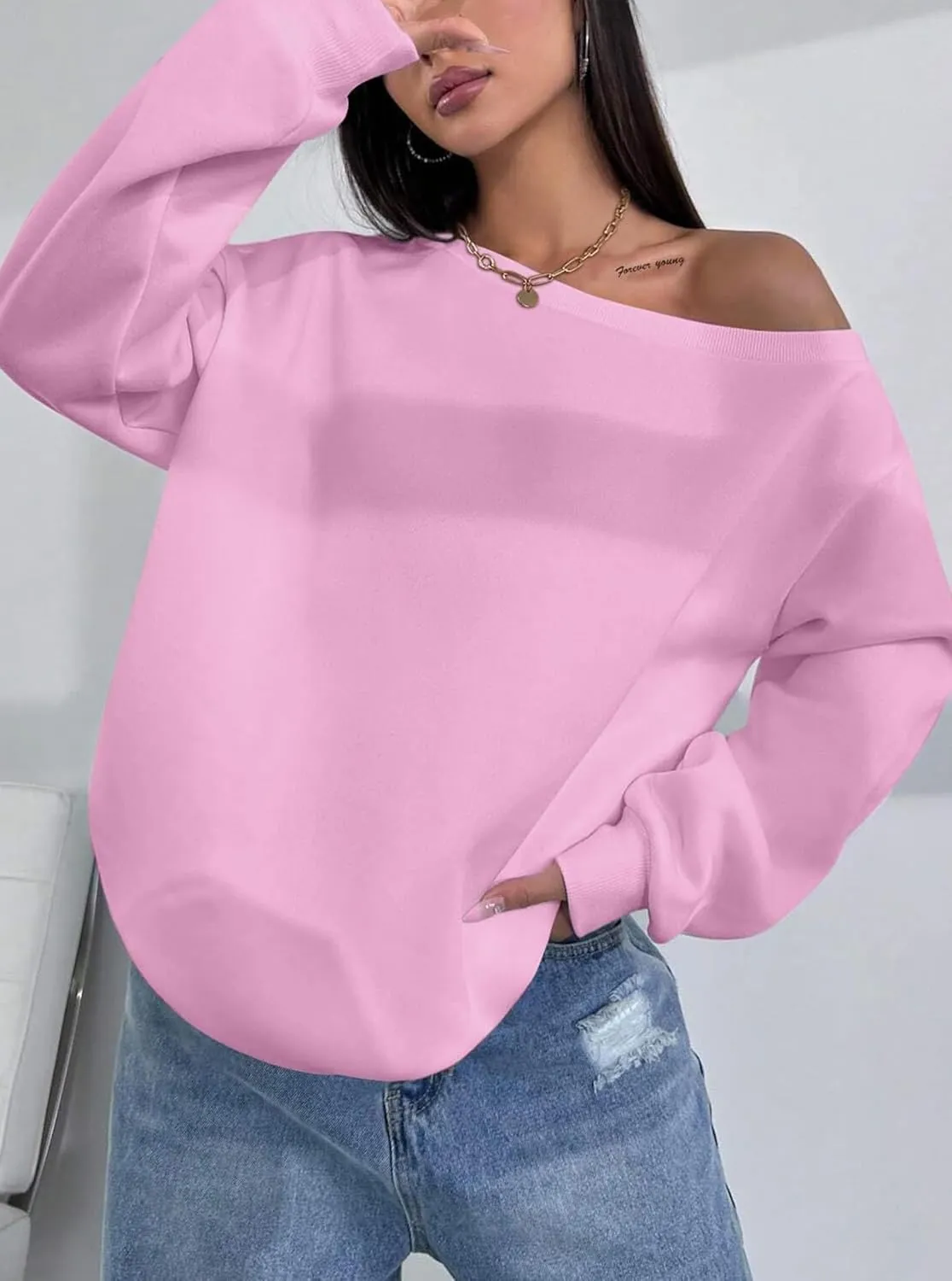 LovelyWholesale Women Off the Shoulder Sweatshirts Casual Long Sleeve Pullover