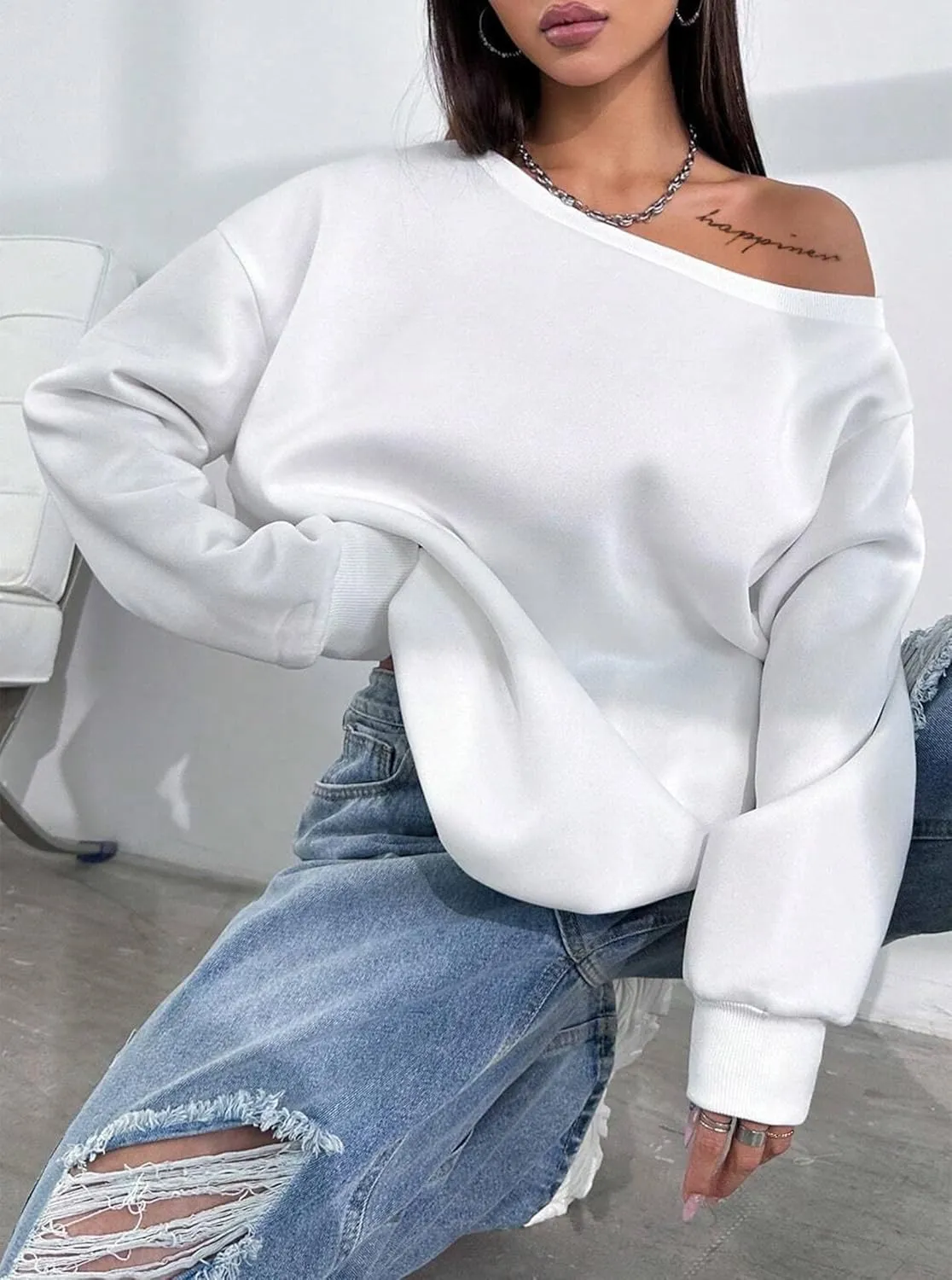 LovelyWholesale Women Off the Shoulder Sweatshirts Casual Long Sleeve Pullover