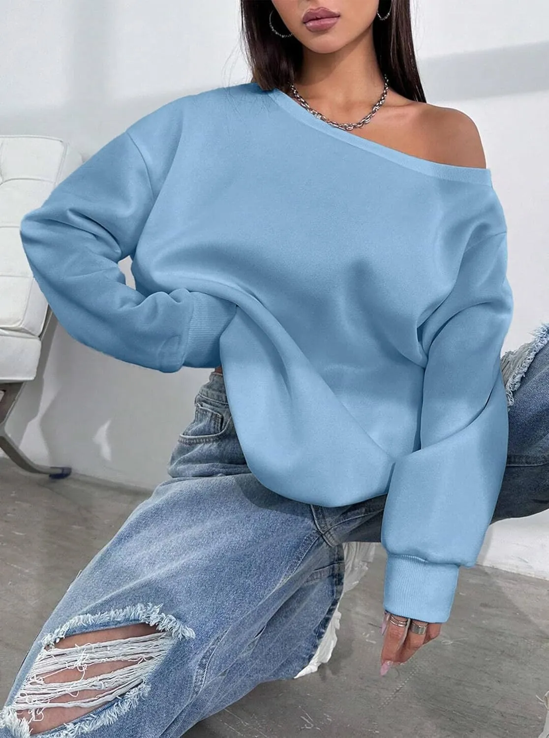 LovelyWholesale Women Off the Shoulder Sweatshirts Casual Long Sleeve Pullover