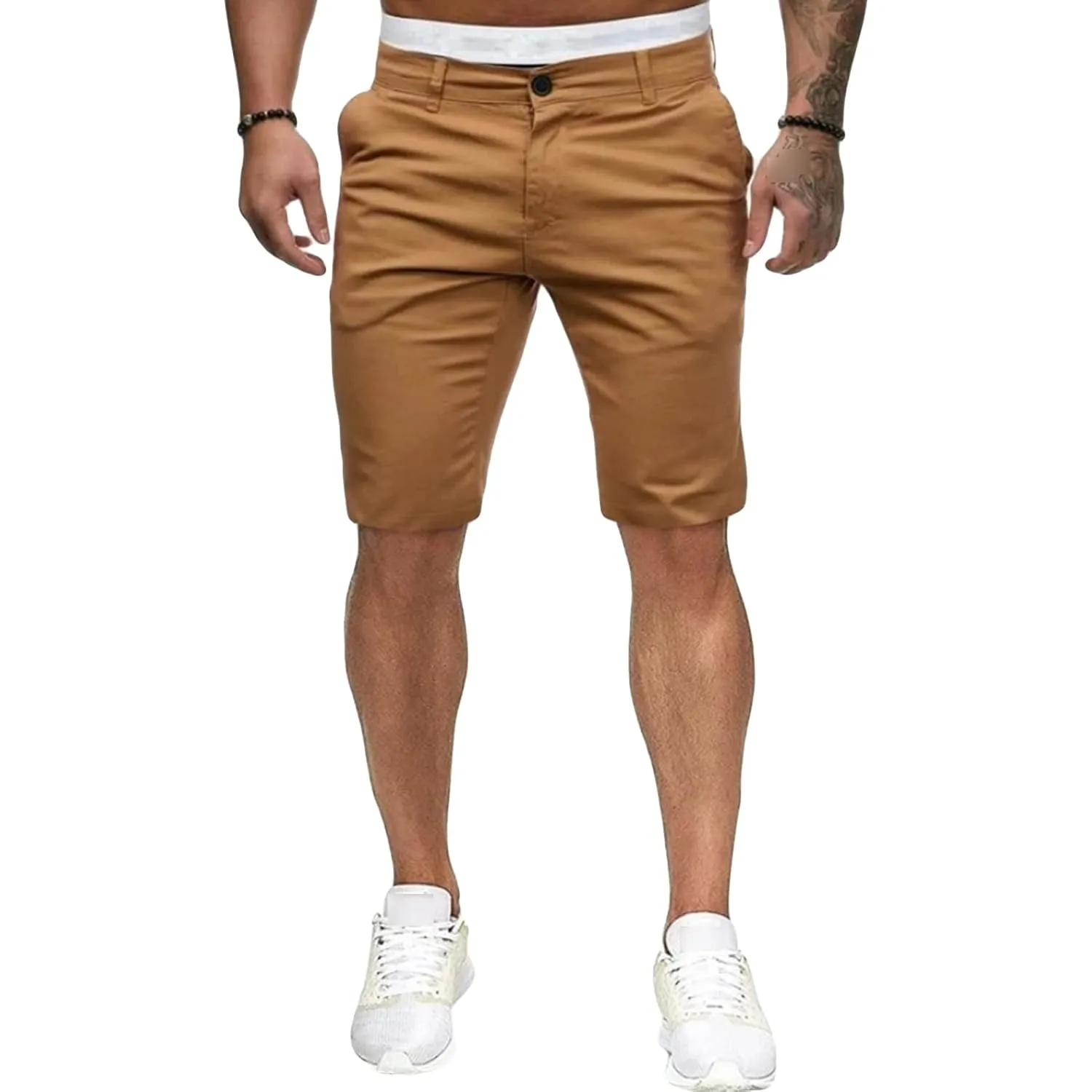 Maiyifu-GJ Men's Slim Fit Classic Chino Short Comfort Stretch Solid Dress Shorts Lightweight Straight Leg Flat Front Shorts (Yellow,Medium)