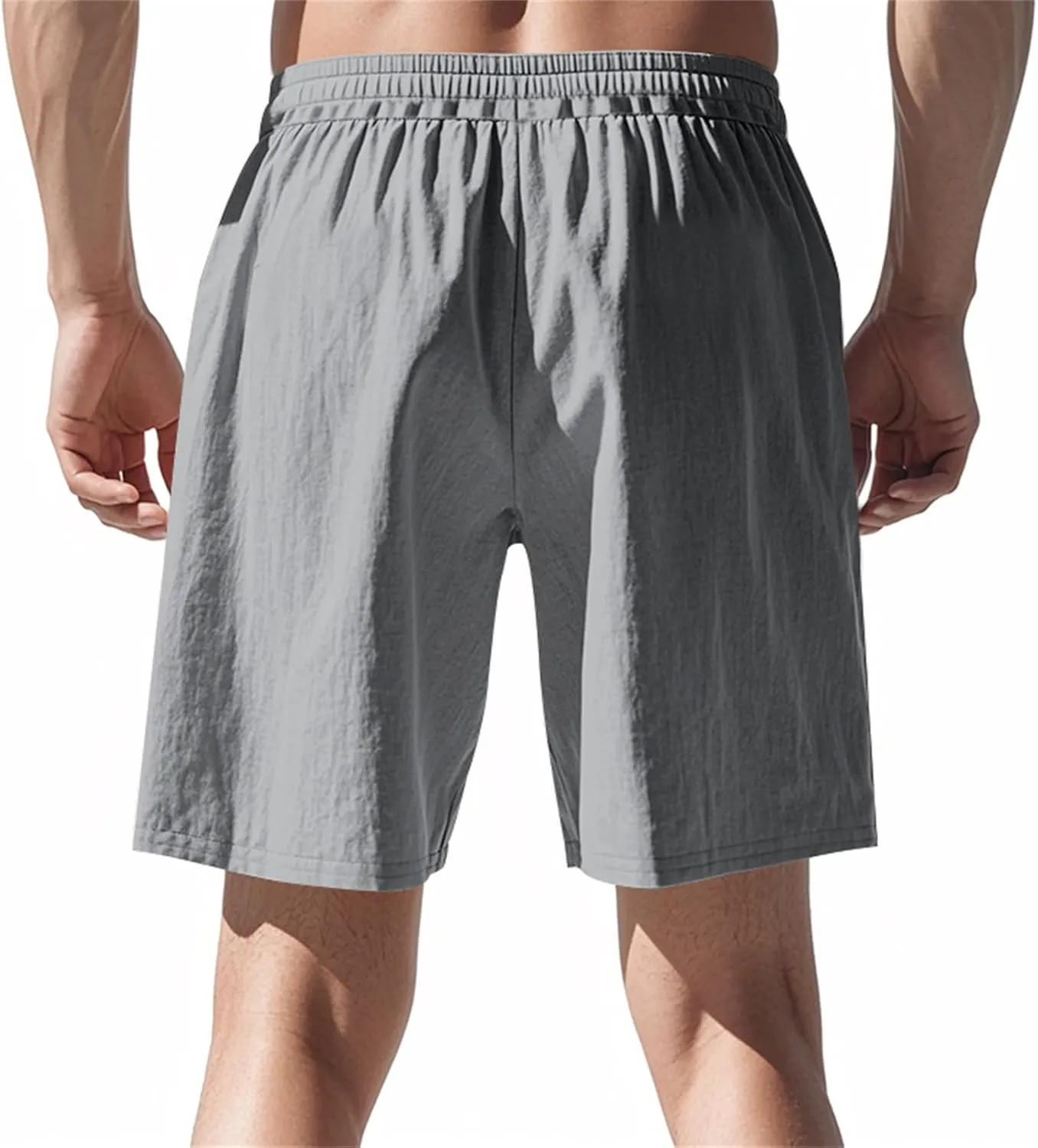 Men Linen Casual Shorts Elastic Waist Drawstring Classic Slim Fit Lightweight for Summer Beach with Pockets