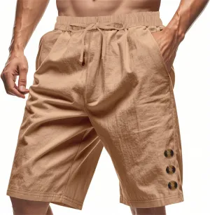 Men Linen Casual Shorts Elastic Waist Drawstring Classic Slim Fit Lightweight for Summer Beach with Pockets