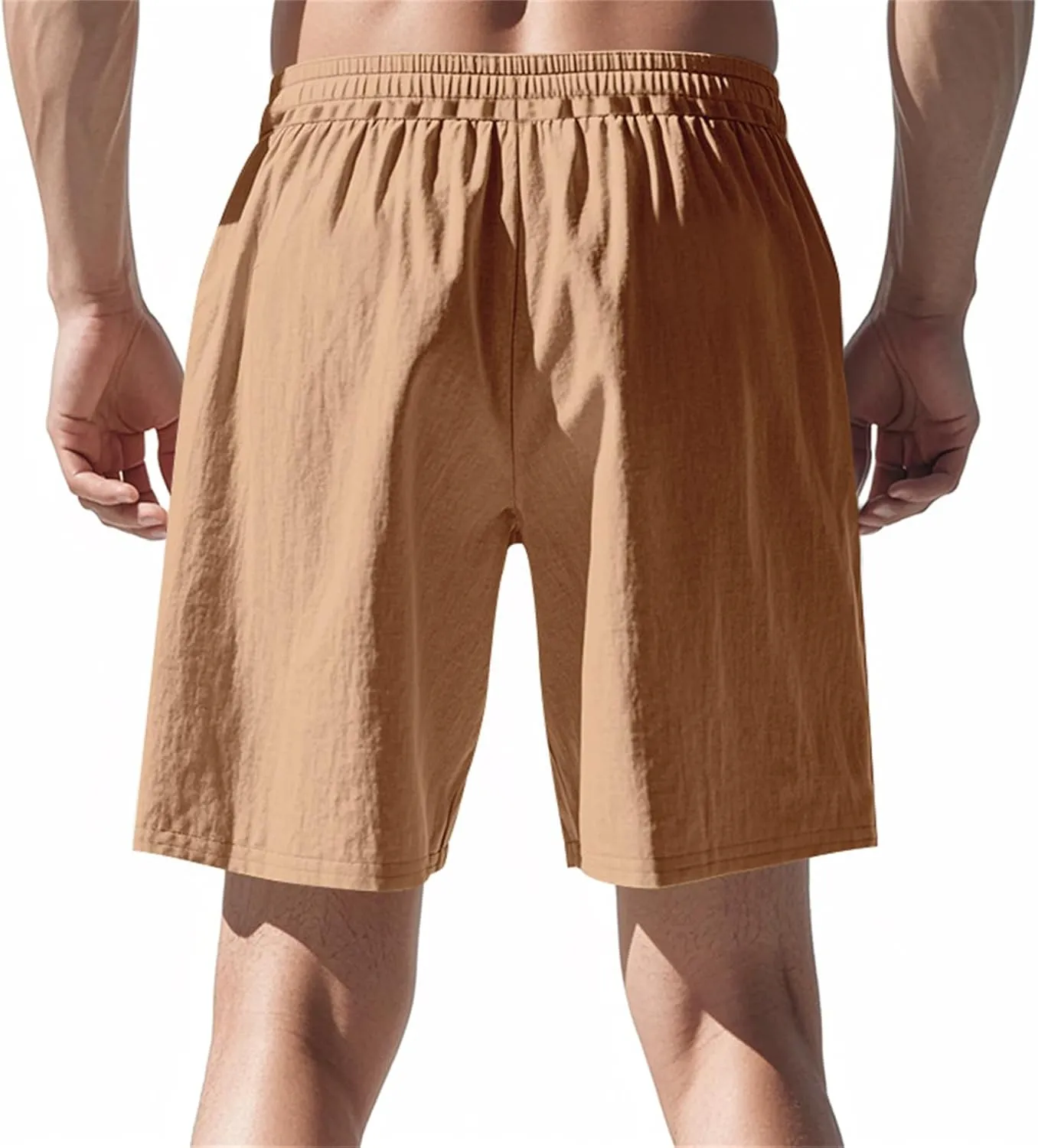 Men Linen Casual Shorts Elastic Waist Drawstring Classic Slim Fit Lightweight for Summer Beach with Pockets