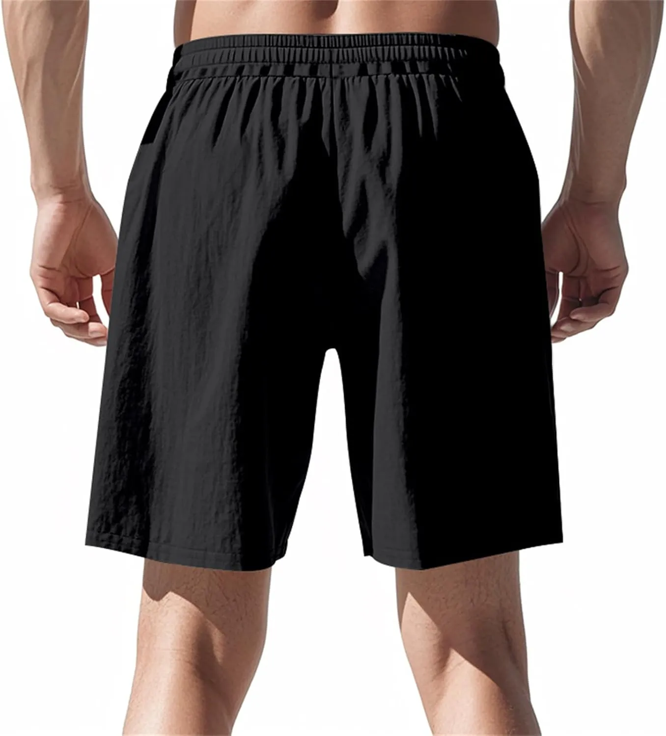 Men Linen Casual Shorts Elastic Waist Drawstring Classic Slim Fit Lightweight for Summer Beach with Pockets