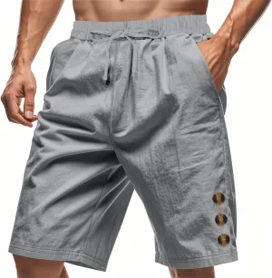 Men Linen Casual Shorts Elastic Waist Drawstring Classic Slim Fit Lightweight for Summer Beach with Pockets