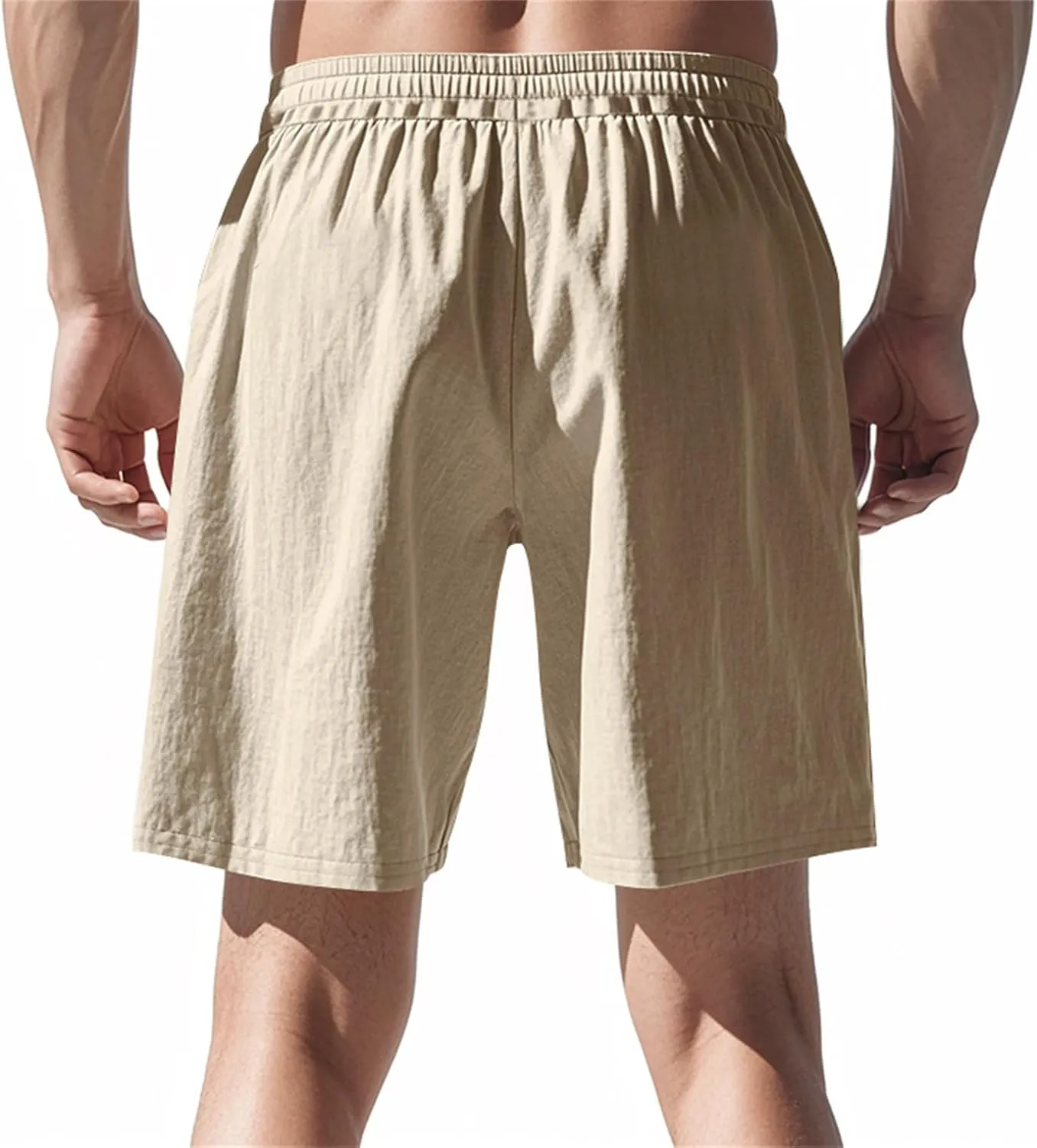 Men Linen Casual Shorts Elastic Waist Drawstring Classic Slim Fit Lightweight for Summer Beach with Pockets