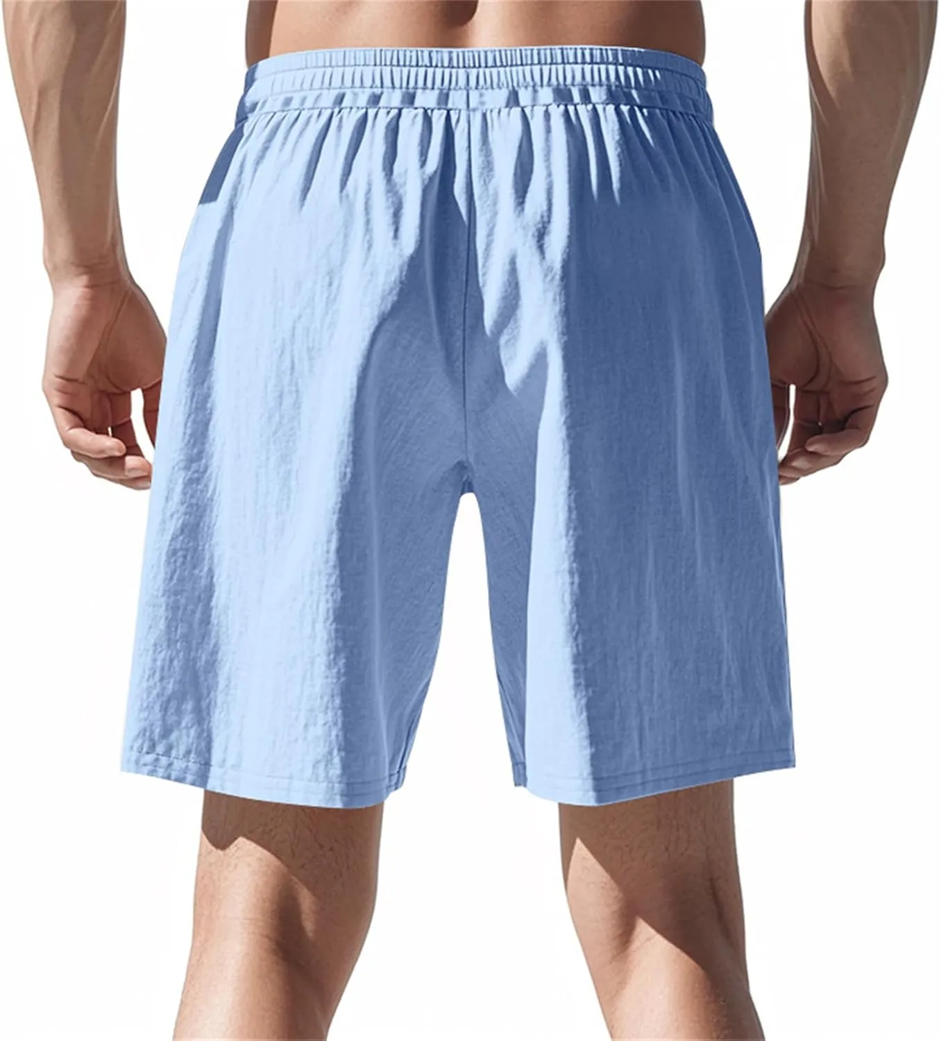 Men Linen Casual Shorts Elastic Waist Drawstring Classic Slim Fit Lightweight for Summer Beach with Pockets